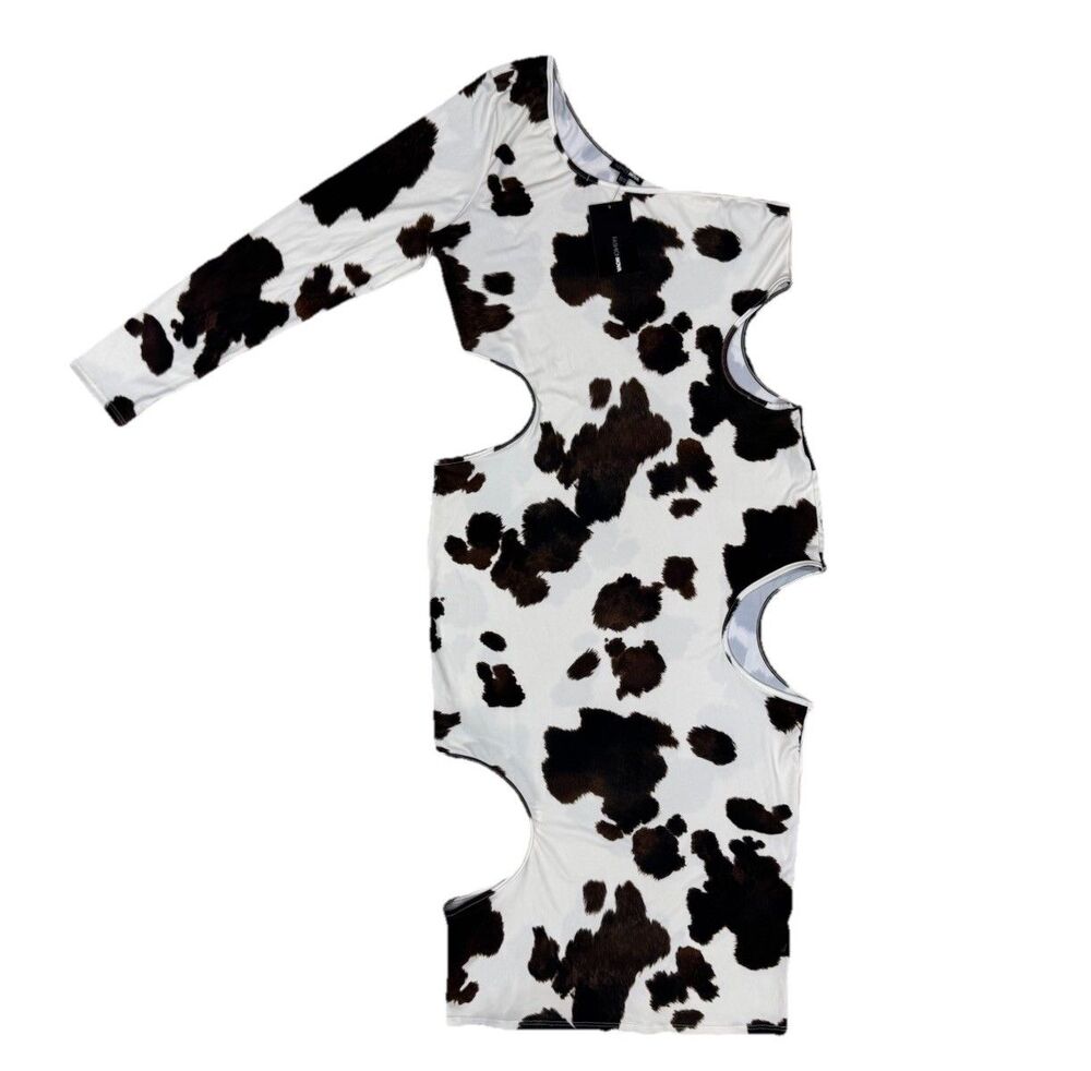 Fashion Nova A Mood Cow Print Midi Dress One Shoulder Cut Out Brown White 2X